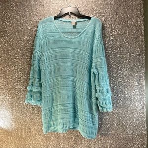CHICO'S Women''s pullover Blue Cable knitted sweater 3/4 sleeve Fringe Sz 3, XL